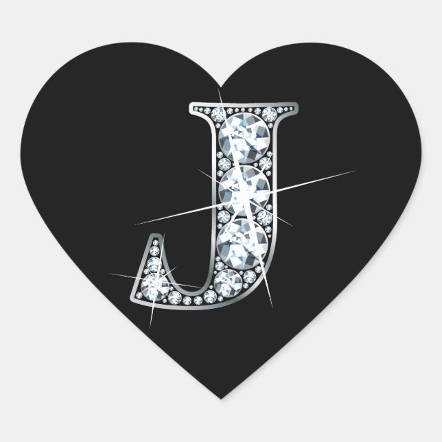 "J" Diamond Bling on Black Heart Sticker (Front)