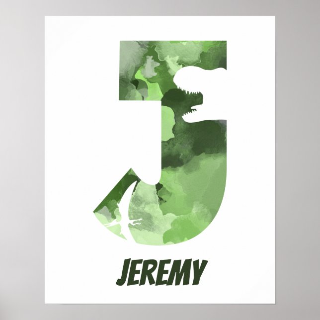 "J" Dinosaur Watercolor Green Child's Name Poster (Front)