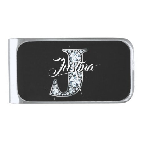 J Faux Diamond Bling Monogram Silver Finish Money Clip