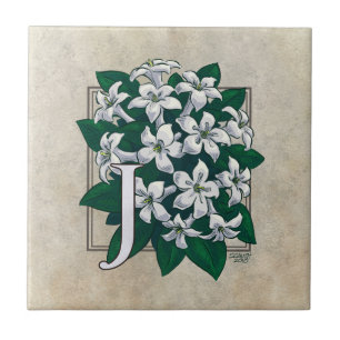 J for Jasmine Flower Monogram Ceramic Tile