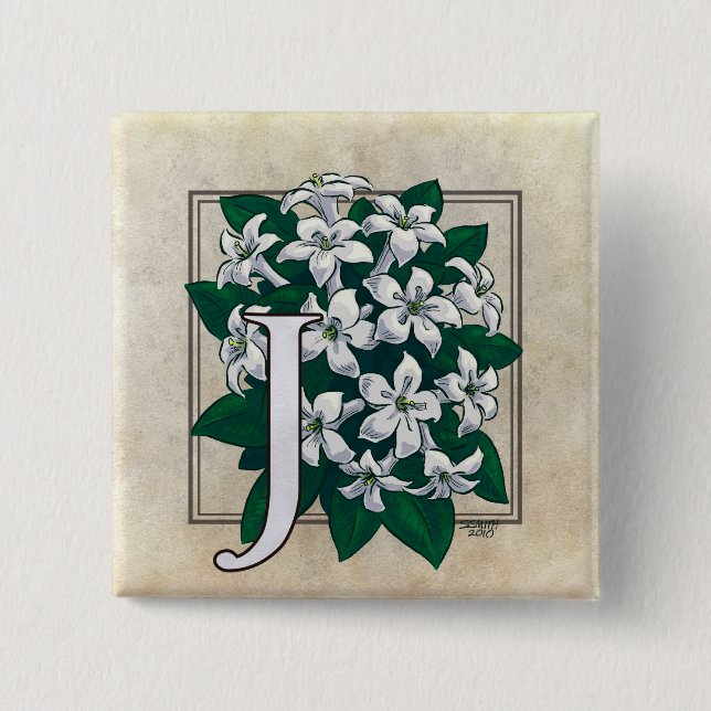 J for Jasmine Flower Monogram Pinback Button (Front)