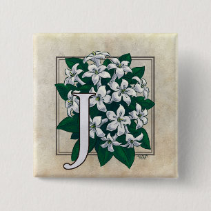 J for Jasmine Flower Monogram Pinback Button