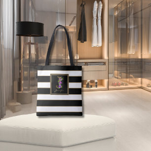 J Gold Floral Monogram Black White Gold Stripes Tote Bag