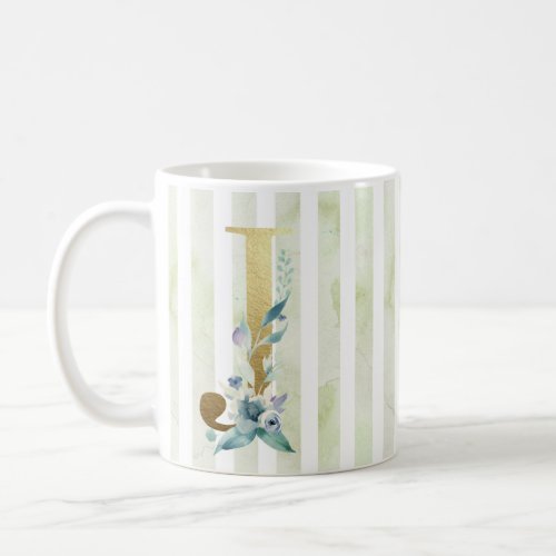 J gold initial on blue and white stripes coffee mug