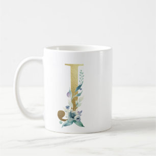 J golden initial with blue floral foliage coffee mug
