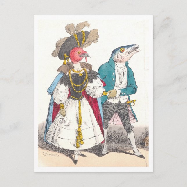 J.J. Grandville Illustration of Bird and Fish Postcard (Front)