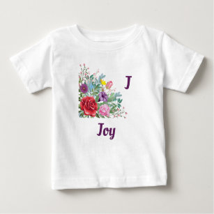 J Joy Personalize Letter Name, Rose Flowers Baby T-Shirt