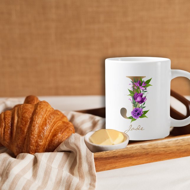 J Letter Gold Monogram | Purple Green Floral Giant Coffee Mug (Creator Uploaded)