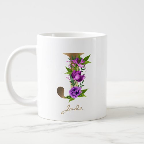 J Letter Gold Monogram  Purple Green Floral Giant Coffee Mug