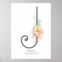 J Letter Monogram Blush Peach Floral Home Decor