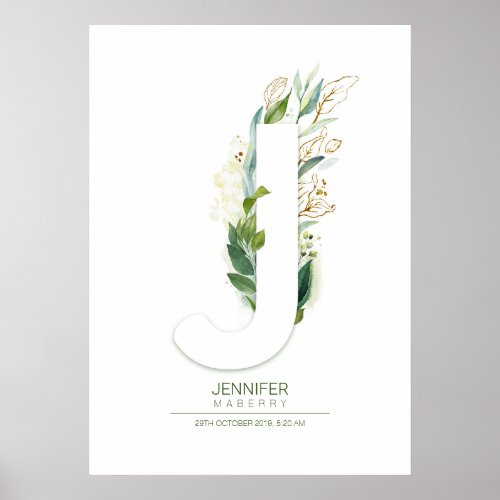 J Letter Monogram Gold Greenery Foliage Chic Poster