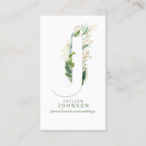 J Letter Monogram Gold Greenery Leaves Elegant Business Card
