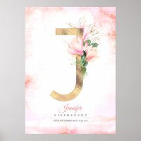 J Letter Monogram Gold Leaves Pink Magnolia Floral Poster