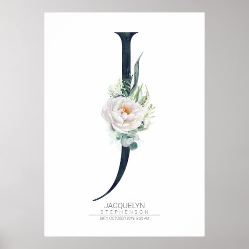 J Letter Monogram White Flowers and Greenery Poster