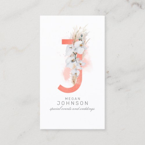 J Letter Monogram White Orchids and Pampas Grass Business Card