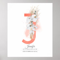 J Letter Monogram White Orchids and Pampas Grass Poster