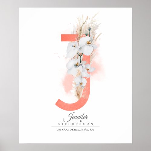 J Letter Monogram White Orchids and Pampas Grass Poster