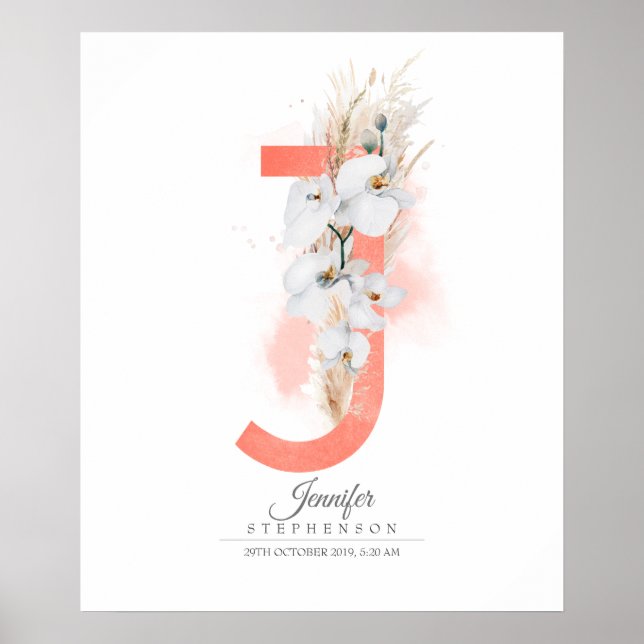 J Letter Monogram White Orchids and Pampas Grass Poster (Front)