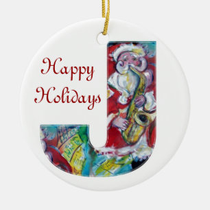 J LETTER /SANTA AND SAX, CHRISTMAS PARTY MONOGRAM CERAMIC ORNAMENT