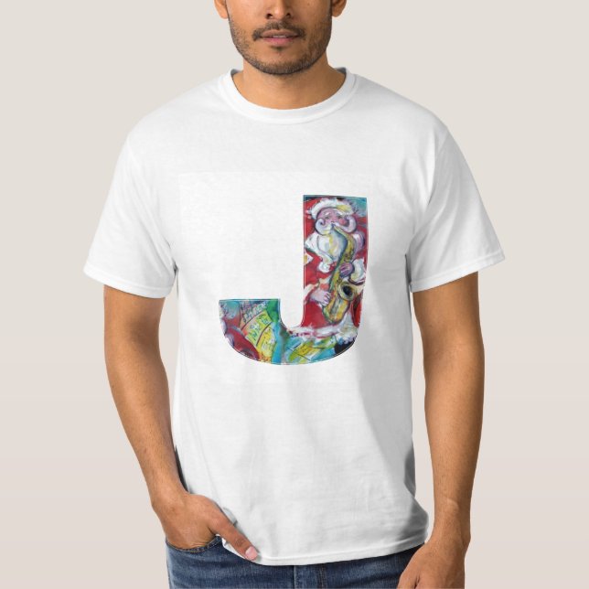 J LETTER /SANTA AND SAX, CHRISTMAS PARTY MONOGRAM T-Shirt (Front)