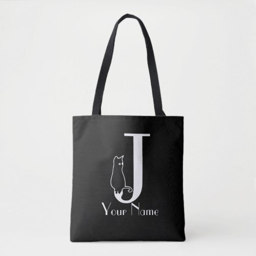 J Monogram Black And White Cute Cat Font Tote Bag