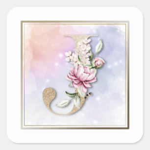 J Monogram Burgundy Floral Square Sticker