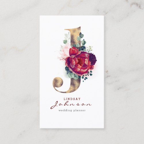 J Monogram Burgundy Red Flowers and Faux Gold Business Card