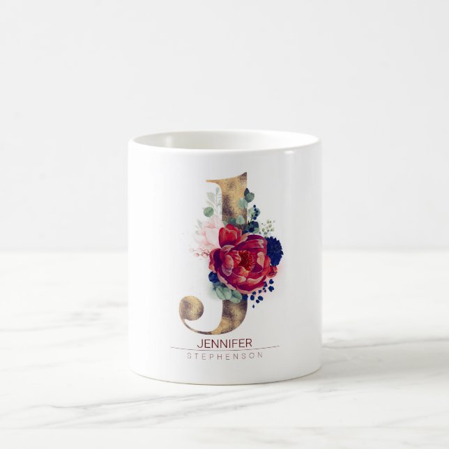 J Monogram Floral Burgundy Red and Navy Blue Coffee Mug (Center)