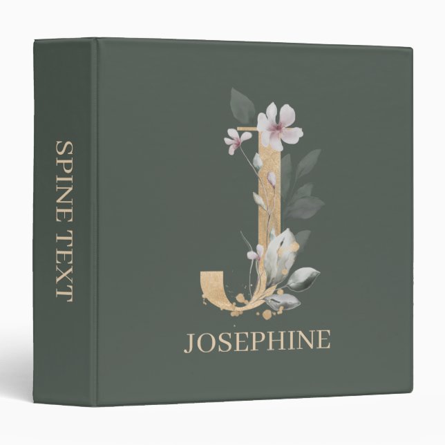 J Monogram Floral Personalized 3 Ring Binder (Front/Spine)