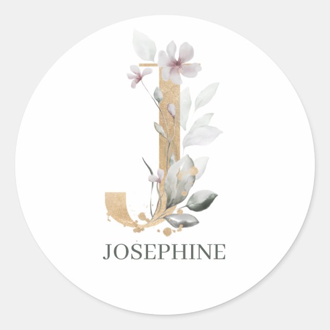 J Monogram Floral Personalized Classic Round Sticker (Front)