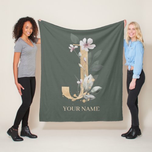 J Monogram Floral Personalized Fleece Blanket