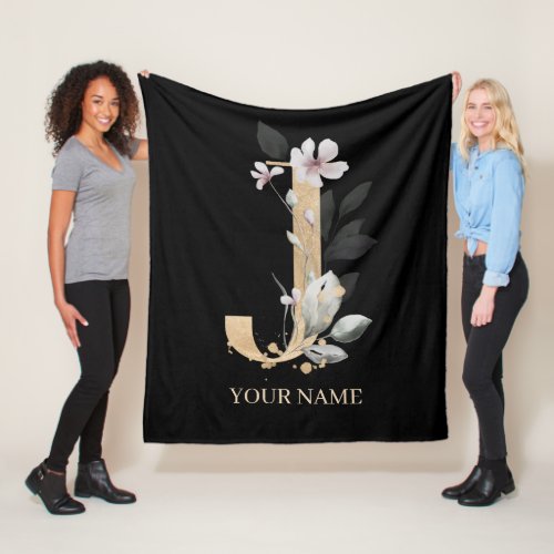 J Monogram Floral Personalized Fleece Blanket