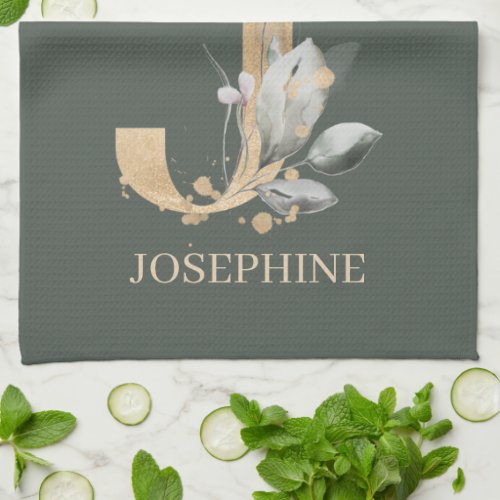 J Monogram Floral Personalized Kitchen Towel