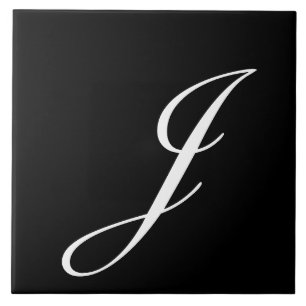 J Monogram Initial White on Black Ceramic Tile