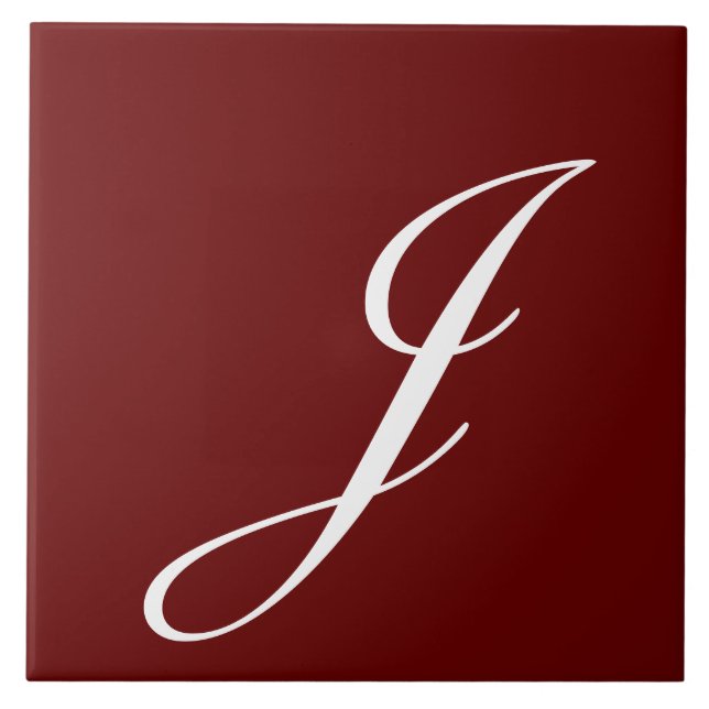 J Monogram Initial White on Maroon Ceramic Tile (Front)