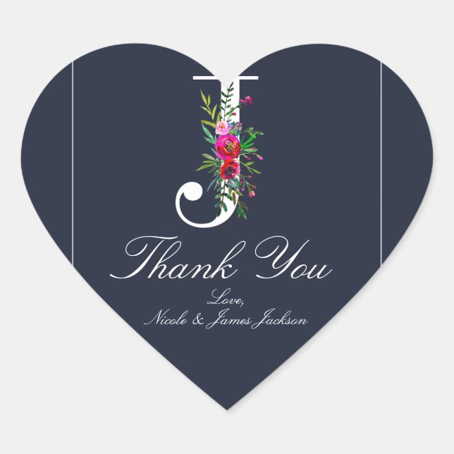 J Monogram Last Initial Modern Blue Floral Wedding Heart Sticker (Front)