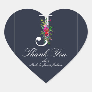 J Monogram Last Initial Modern Blue Floral Wedding Heart Sticker