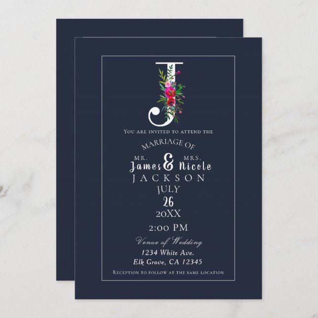J Monogram Last Initial Modern Blue Floral Wedding Invitation (Front/Back)