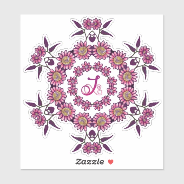 J Monogram Unique Bizarre Boho Flowers Pretty Sticker (Sheet)