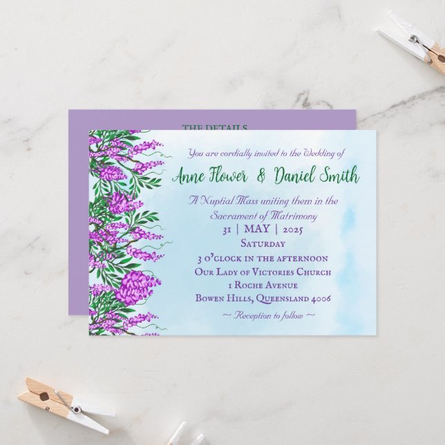 Jacaranda Sky Blue Catholic Wedding Invitation (Front/Back In Situ)
