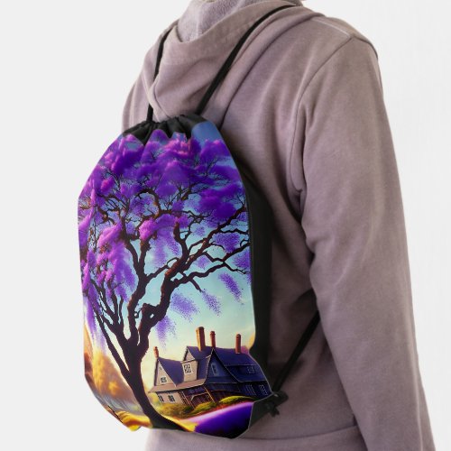 Jacaranda Tree Farm House Drawstring Backpack