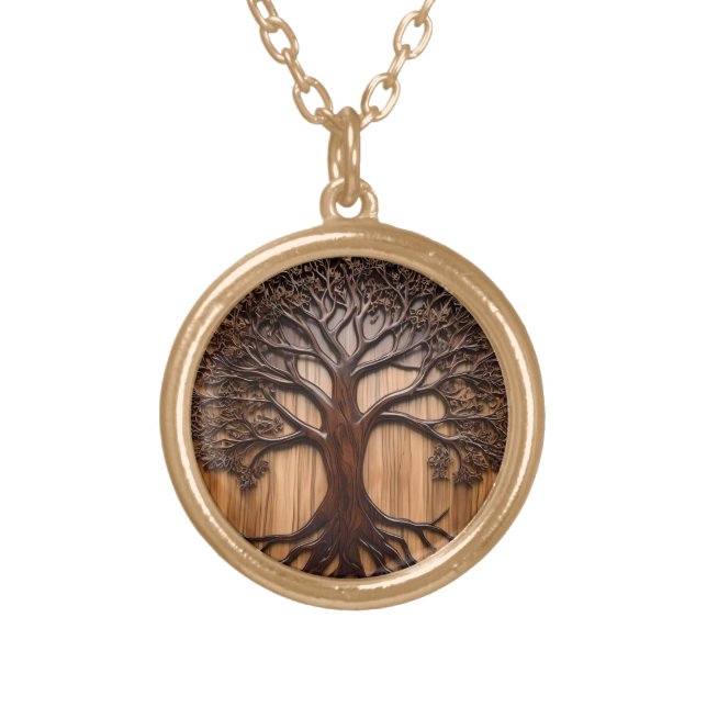 Jacaranda Tree: Nature's Artistry in Wood, Gold Plated Necklace (Front)