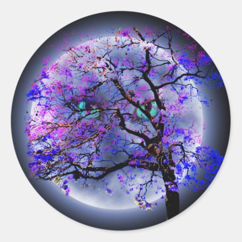 Jacaranda Tree With Cats Eye Moon Round Stickers