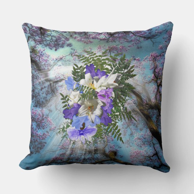 Jacaranda & white lily Bouquet Throw Pillow (Front)