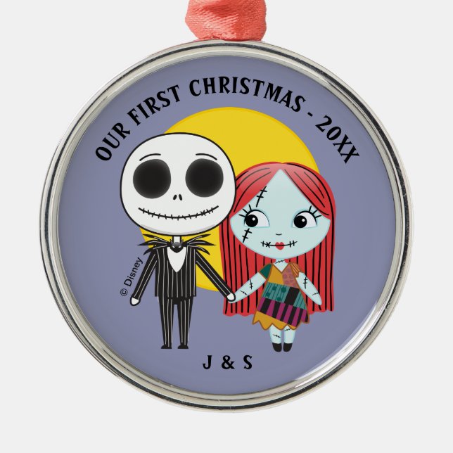 Jack and Sally Emoji | Our First Christmas Wedding Metal Ornament (Front)
