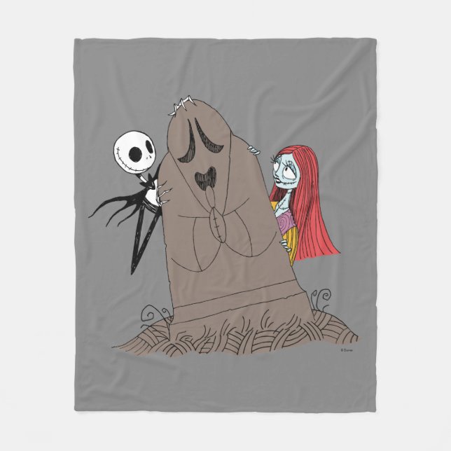 Jack and Sally Hiding Behind Tombstone Fleece Blanket (Front)