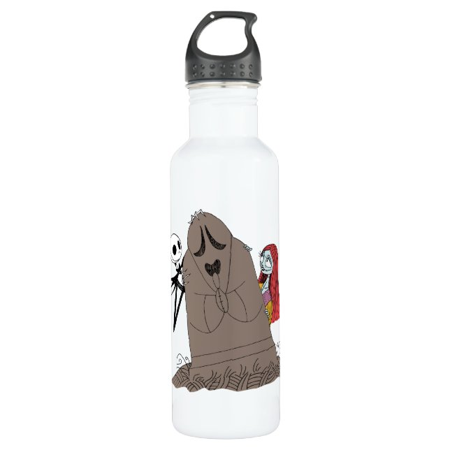 Jack and Sally Hiding Behind Tombstone Stainless Steel Water Bottle (Front)