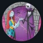 Jack and Sally Holding Hands Classic Round Sticker<br><div class="desc">Celebrate true love with this enchanting Disney Nightmare Before Christmas classic round sticker featuring Jack Skellington and Sally holding hands. Inspired by Tim Burton’s gothic masterpiece, this design beautifully captures the iconic couple’s deep connection against a dark, whimsical backdrop. Perfect for wedding favors, scrapbooking, party decorations, or personalizing everyday items,...</div>