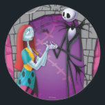 Jack and Sally Holding Hands Classic Round Sticker<br><div class="desc">Celebrate true love with this enchanting Disney Nightmare Before Christmas classic round sticker featuring Jack Skellington and Sally holding hands. Inspired by Tim Burton’s gothic masterpiece, this design beautifully captures the iconic couple’s deep connection against a dark, whimsical backdrop. Perfect for wedding favors, scrapbooking, party decorations, or personalizing everyday items,...</div>