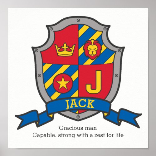 Jack boys J name and meaning blue red crest poster